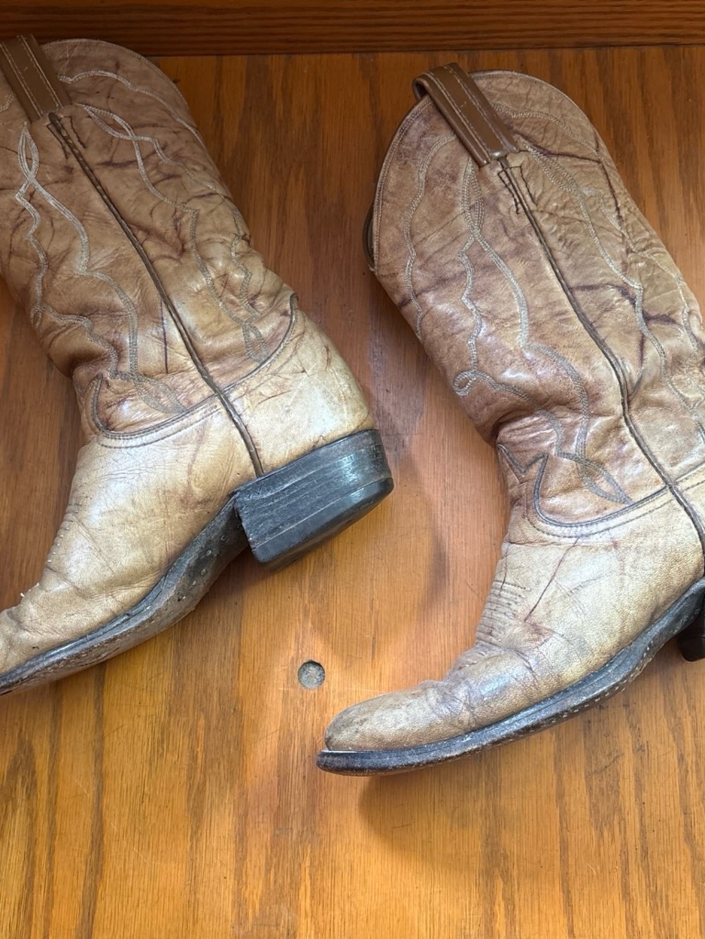 Vintage Tony Lama Tan/Brown Leather Cowboy Boots with Stitch Detail